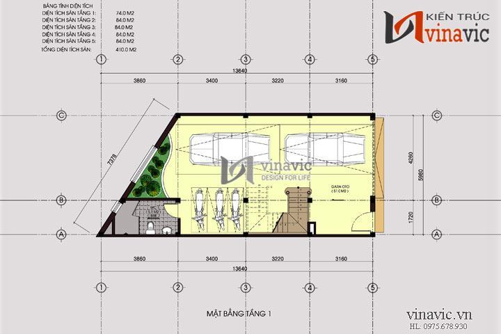 Mặt bằng tầng 1 mẫu nhà ống đẹp 5 tầng NO1434