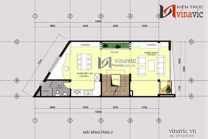 Mặt bằng tầng 2 mẫu nhà ống đẹp 5 tầng NO1434