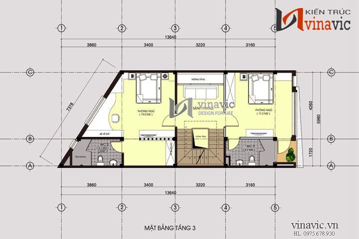 Mặt bằng tầng 3 mẫu nhà ống đẹp 5 tầng NO1434