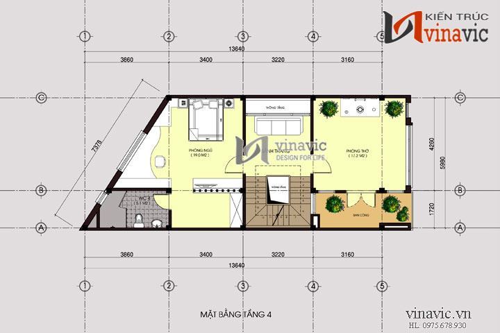 Mặt bằng tầng 4 mẫu nhà ống đẹp 5 tầng NO1434