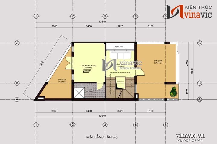 Mặt bằng tầng 5 mẫu nhà ống đẹp 5 tầng NO1434