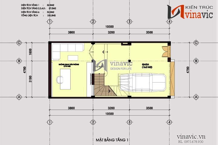 Mặt bằng tầng 1 mẫu nhà ở văn phòng đẹp 6 tầng NO1435