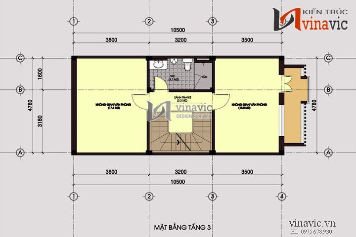 Mặt bằng tầng 3 nhà ở văn phòng đẹp 6 tầng NO1435