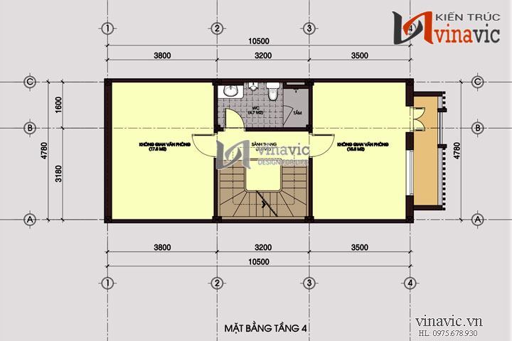 Mặt bằng tầng 4 nhà ở văn phòng đẹp 6 tầng NO1435