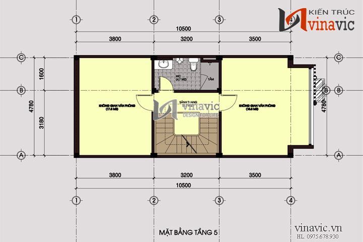 Mặt bằng tầng 5 nhà ở văn phòng đẹp 6 tầng NO1435