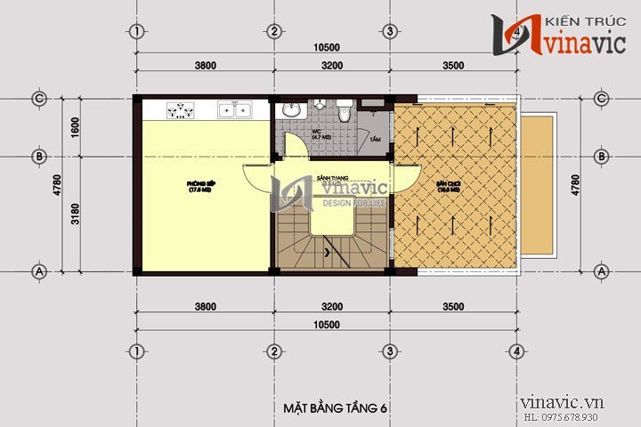 Mặt bằng tầng 6 nhà ở văn phòng đẹp 6 tầng NO1435