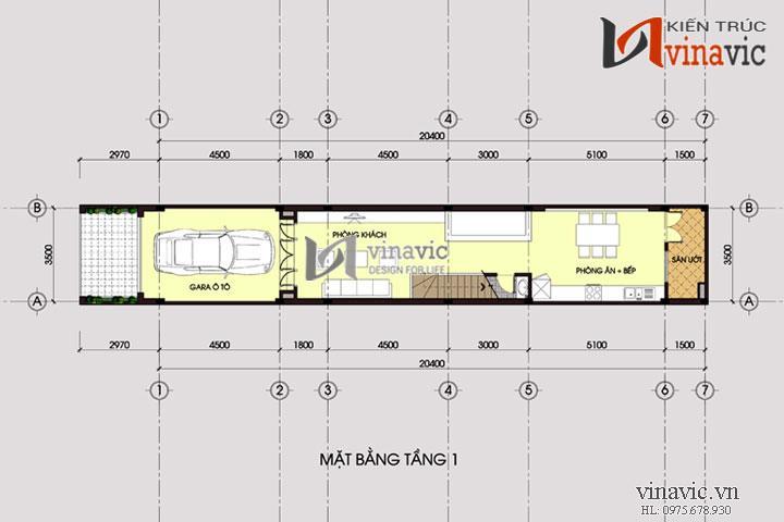 Mặt bằng tầng 1 mẫu nhà ống đẹp 4 tầng NO1425