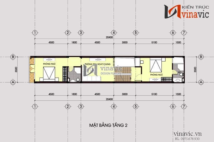 Mặt bằng tầng 2 mẫu nhà ống đẹp 4 tầng NO1425
