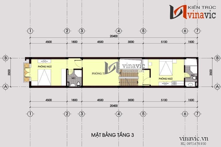 Mặt bằng tầng 3 mẫu nhà ống đẹp 4 tầng NO1425