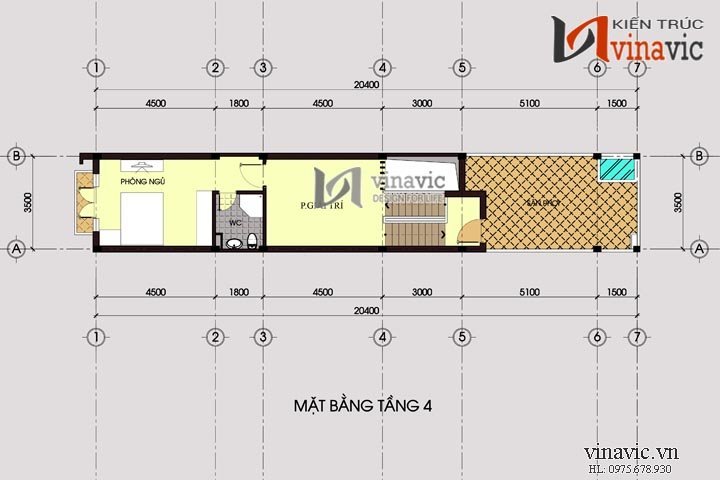 Mặt bằng tầng 4 mẫu nhà ống đẹp 4 tầng NO1425