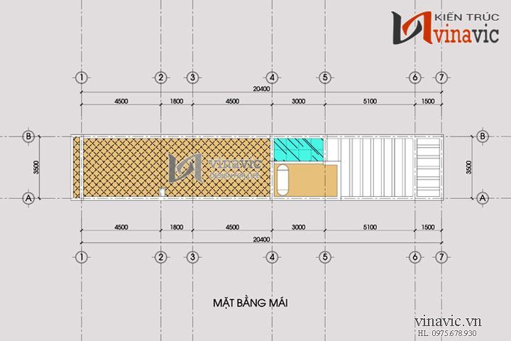 Mặt bằng mái mẫu nhà ống đẹp 4 tầng NO1425