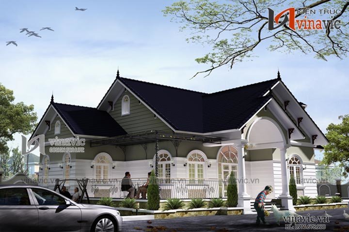 Biệt thự nhà vườn một tầng đẹp BT1513 Mẫu kiến trúc biệt thự 1 tầng tân cổ điển mái thái 3 phòng ngủ tinh tế và đơn giản.