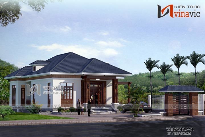 Phối cảnh góc nhìn nghiêng bên trái của biệt thự mái thái 1 tầng phong cách hiện đại BT1510