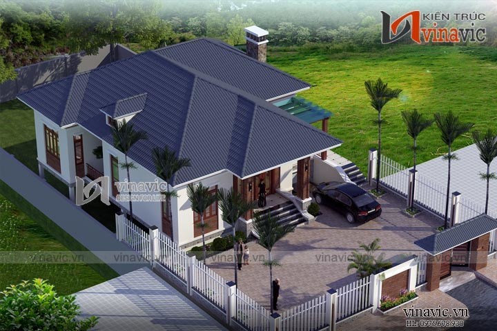 Phối cảnh góc nhìn từ trên cao bên trái của nhà biệt thự mái thái 1 tầng phong cách hiện đại BT1510