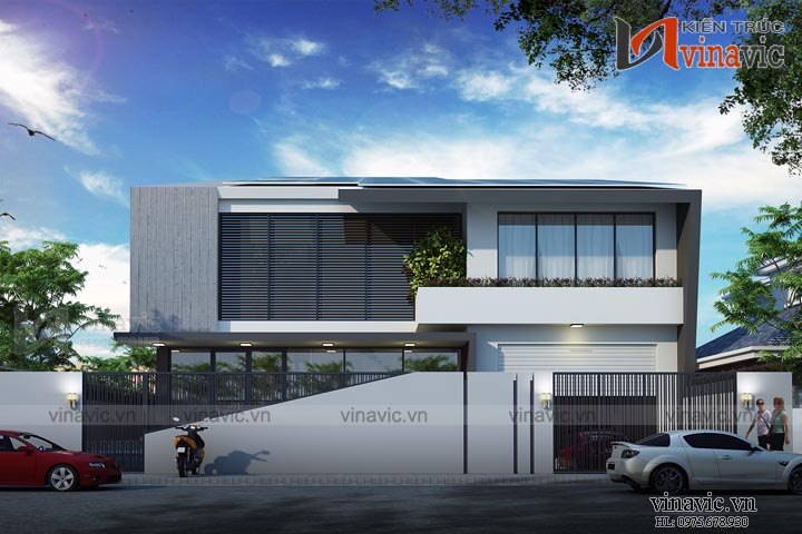 Phối cảnh mặt tiền mẫu nhà 2 tầng mái lệch hiện đại 