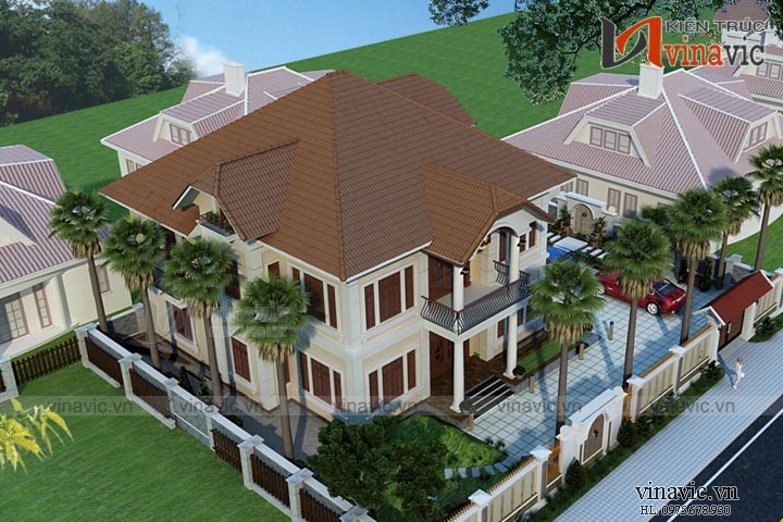 Hình dựng 3D tổng thể sân vườn biệt thự vườn mái ngói kiểu đồng quê Pháp