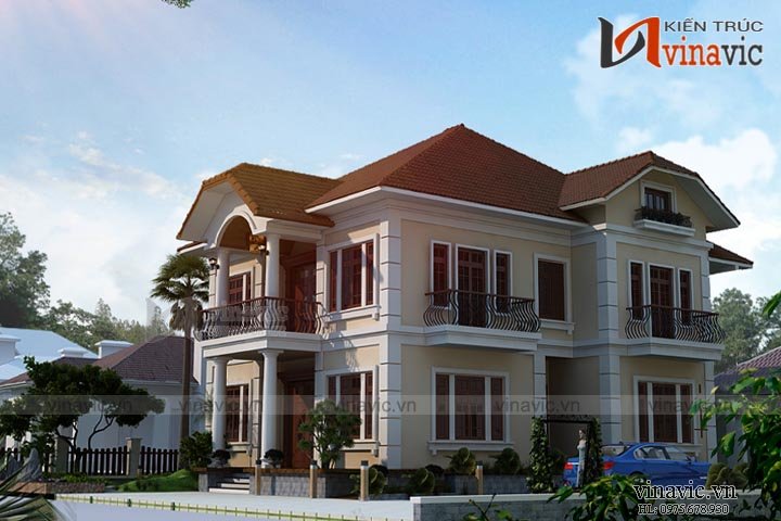 Cận cảnh mặt bên thiết kế nhà 2 tầng có sân vườn đẹp