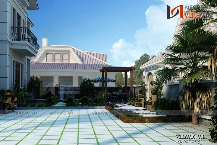 Cận cảnh sân gạch mẫu nhà vườn đẹp 2 tầng 