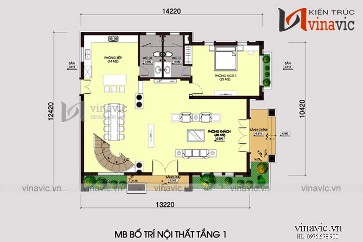 Mặt bằng nội thất tầng 1 Bản thiết kế nhà 2 tầng 150m2 