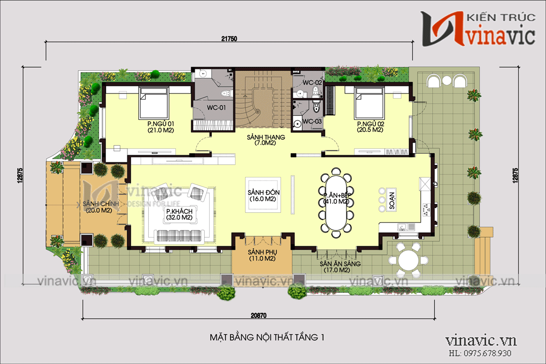 Mặt bằng nội thất tầng 1 mẫu thiết kế nhà biệt thự đẹp 2 tầng