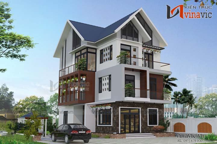 Mẫu nhà đẹp 3 tầng 100m2 4 phòng ngủ 2 mặt tiền 7m hiện đại BT1662