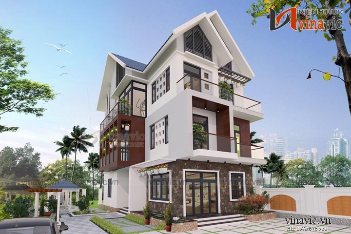 Mẫu nhà đẹp 3 tầng 100m2 4 phòng ngủ 2 mặt tiền 7m hiện đại BT1662