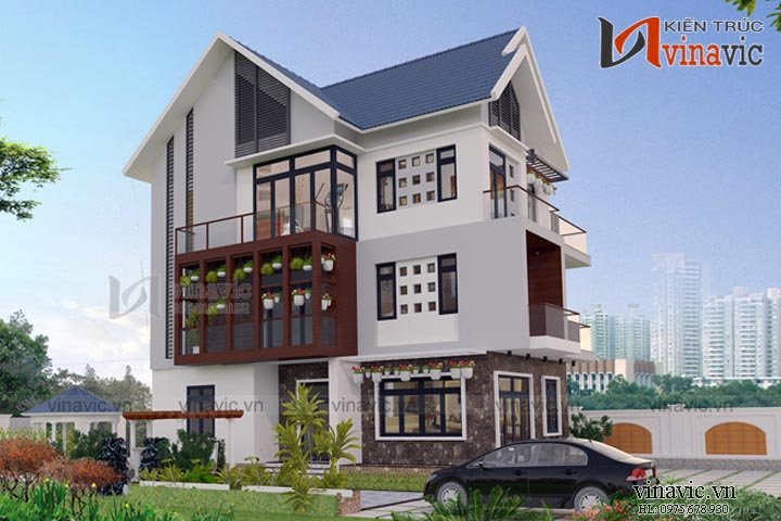 Mẫu nhà đẹp 3 tầng 100m2 4 phòng ngủ 2 mặt tiền 7m hiện đại BT1662
