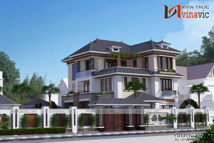 Phối cảnh góc nhìn chính mẫu biệt thự đẹp 3 tầng hiện đại 1 mặt tiền