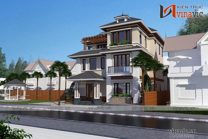 góc nhìn chính mẫu biệt thự đẹp 3 tầng hiện đại 1 mặt tiền