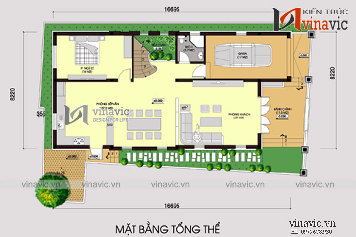 Mặt bằng tổng thể Mẫu nhà 2 tầng 4 phòng ngủ ngang 8m 