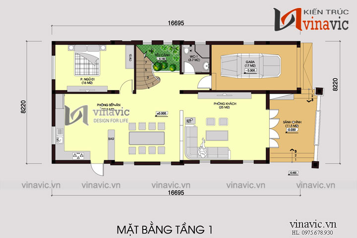 Mặt bằng tầng 1 Mẫu nhà 2 tầng 4 phòng ngủ ngang 8m 