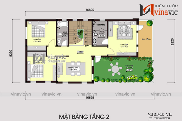 Mặt bằng tầng 2 Mẫu nhà 2 tầng 4 phòng ngủ ngang 8m 