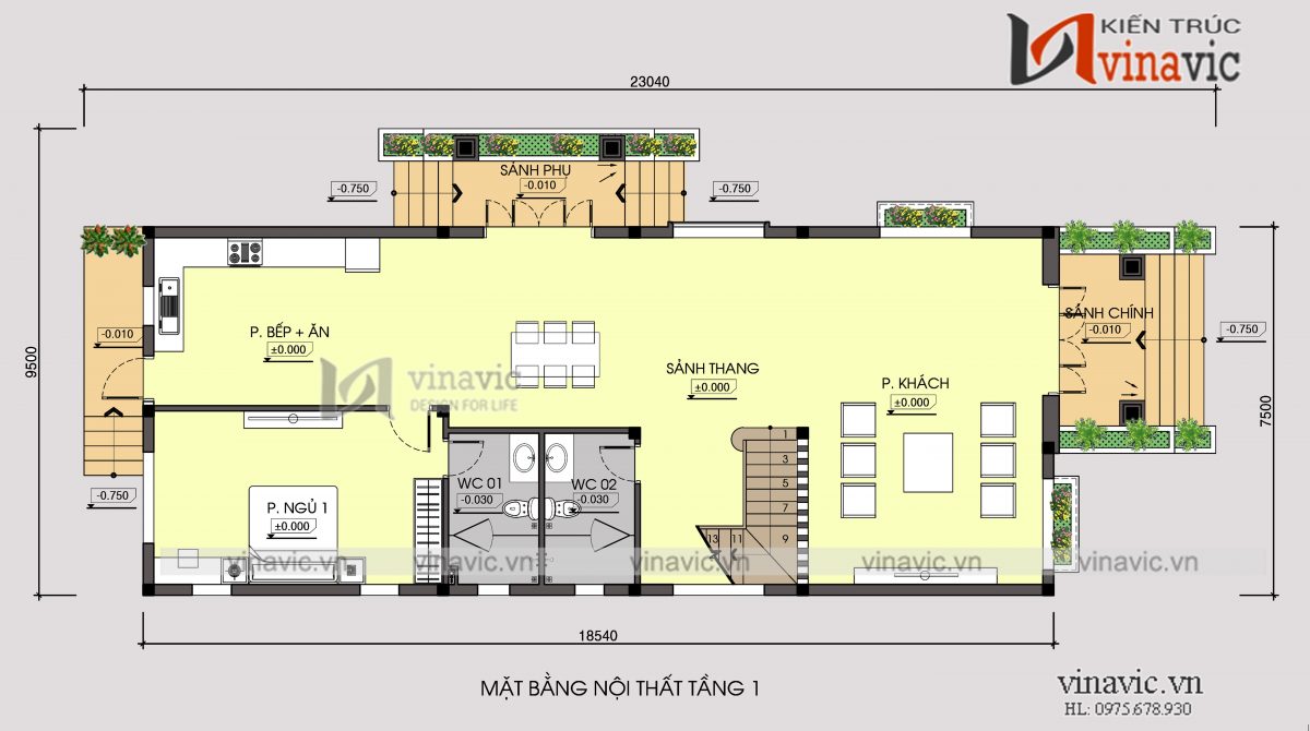 Mặt bằng tầng 1 mẫu thiết kế nhà 2 tầng 120m2 3 phòng ngủ