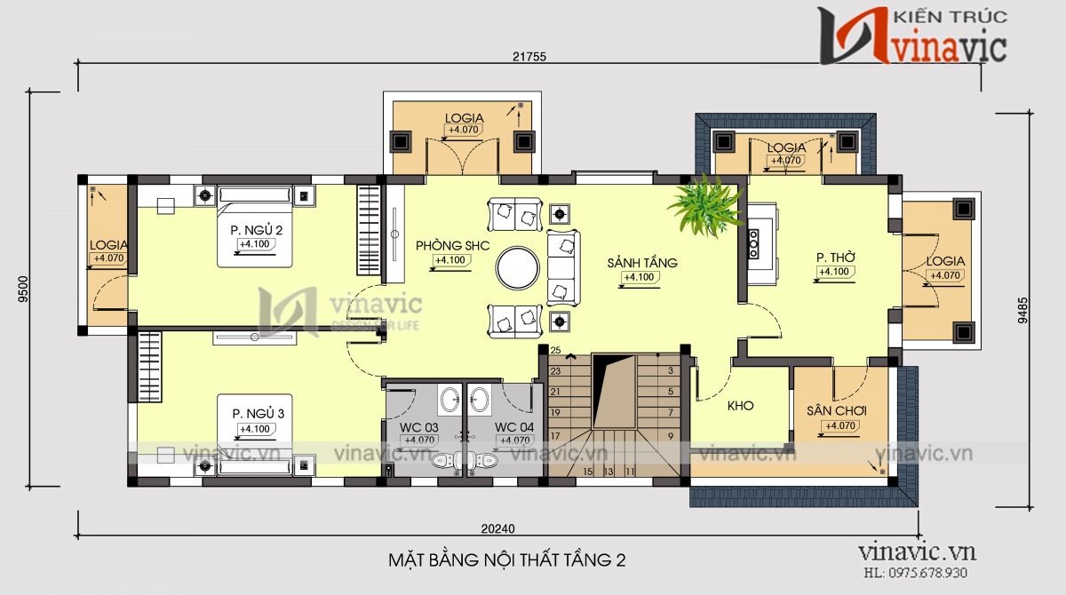 Mặt bằng tầng 2 mẫu thiết kế nhà 2 tầng 120m2 3 phòng ngủ