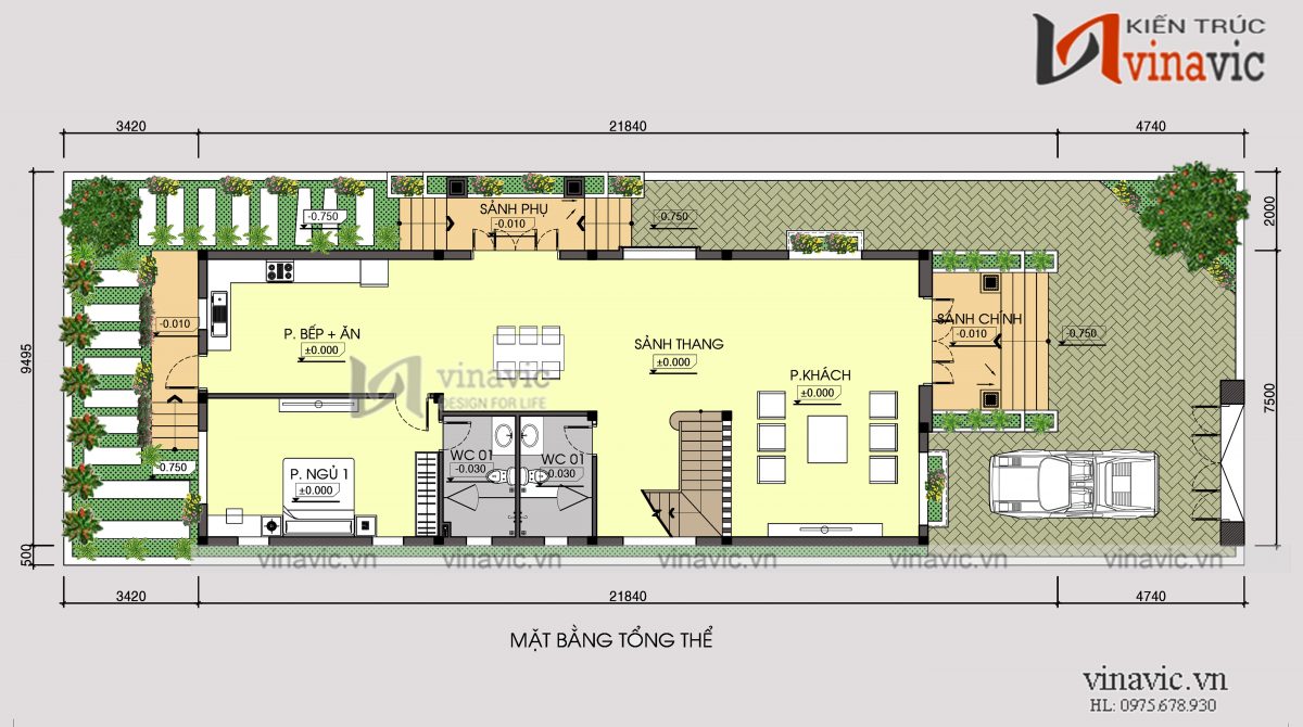 Mặt bằng tổng thể mẫu thiết kế nhà 2 tầng 120m2 3 phòng ngủ