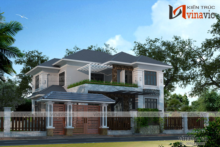 Mẫu nhà 2 tầng 4 phòng ngủ ngang 11m thiết kế theo phong cách hiện đại 