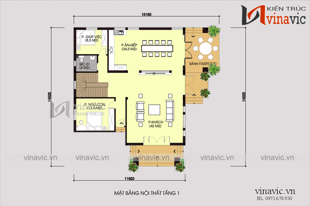 Mặt bằng nội thất tầng 1 mẫu thiết kế nhà biệt thự 2 tầng 160m2
