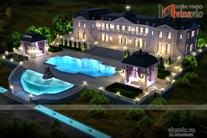 Hình dựng 3D tổng quan biệt thự lâu đài Pháp cổ đẹp kiêu sa 