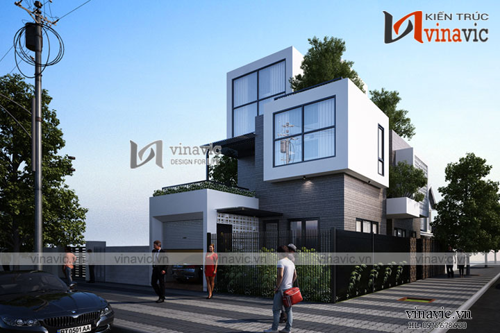Phối cảnh góc nhìn tổng thể mẫu nhà 3 tầng hiện đại mặt tiền 8m