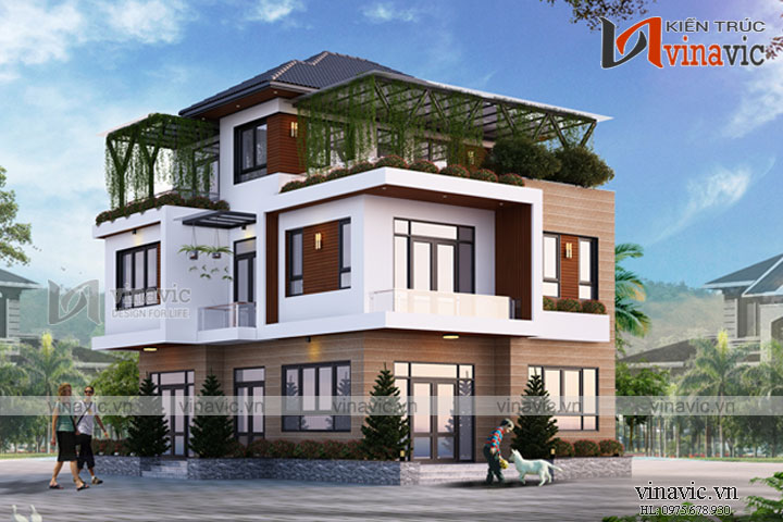 Phối cảnh góc nhìn khác của Bản thiết kế biệt thự 3 tầng hiện đại