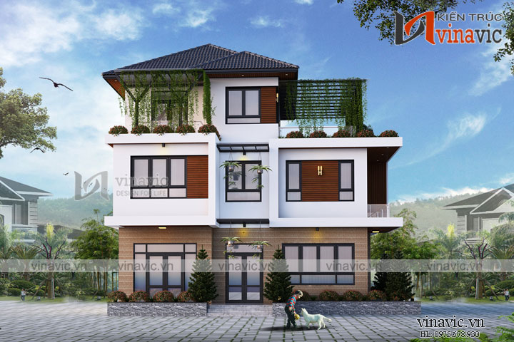 Phối cảnh góc nhìn khác của Bản thiết kế biệt thự 3 tầng hiện đại