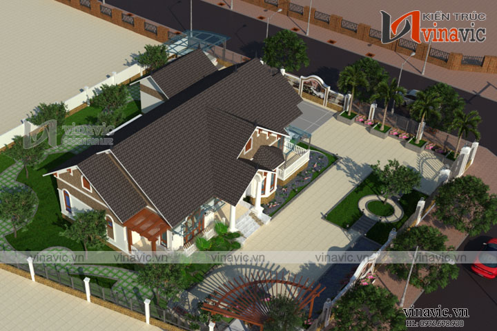 Phối cảnh góc nhìn khác Biệt thự vườn 1 tầng 4 phòng ngủ tân cổ điển Hạ Hòa- Phú Thọ BT1676