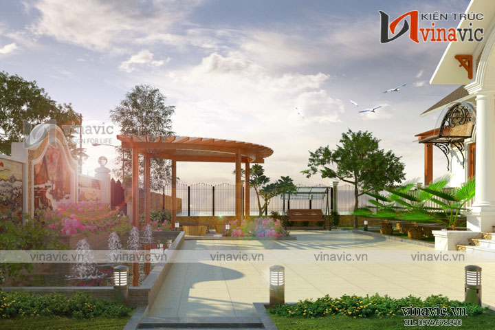 Phối cảnh góc nhìn khác Biệt thự vườn 1 tầng 4 phòng ngủ tân cổ điển Hạ Hòa- Phú Thọ BT1676