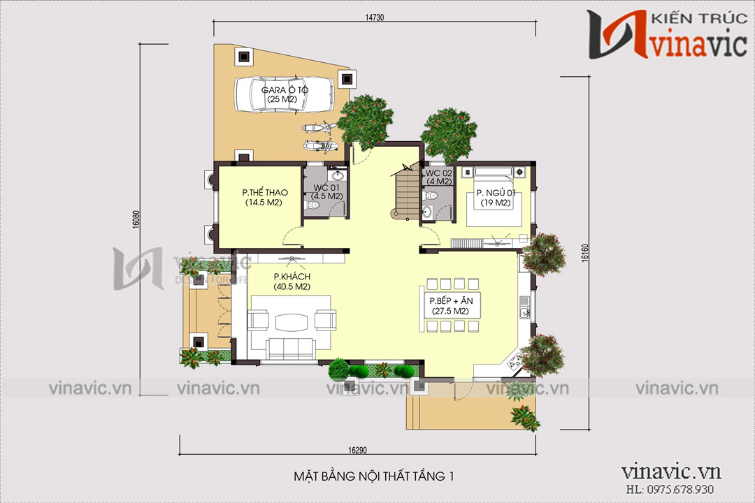 Mặt bằng nội thất tầng 1 thiết kế nhà 3 tầng có tầng lửng