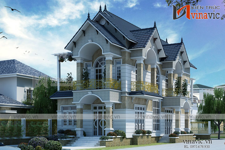 View chính thiết kế nhà 2 tầng 120m2 3 phòng ngủ