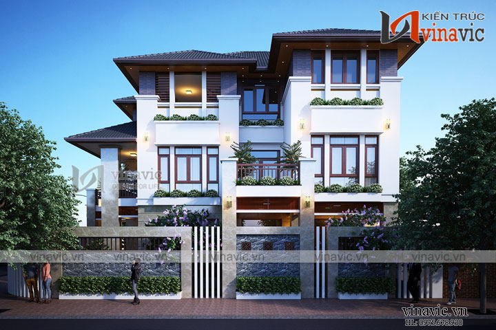 Phối cảnh góc nhìn bên phải mẫu thiết kế nhà 3 tầng mặt tiền 10m