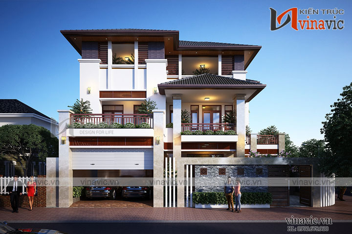 Phối cảnh góc nhìn chính mẫu thiết kế nhà đẹp 3 tầng mặt tiền 10m