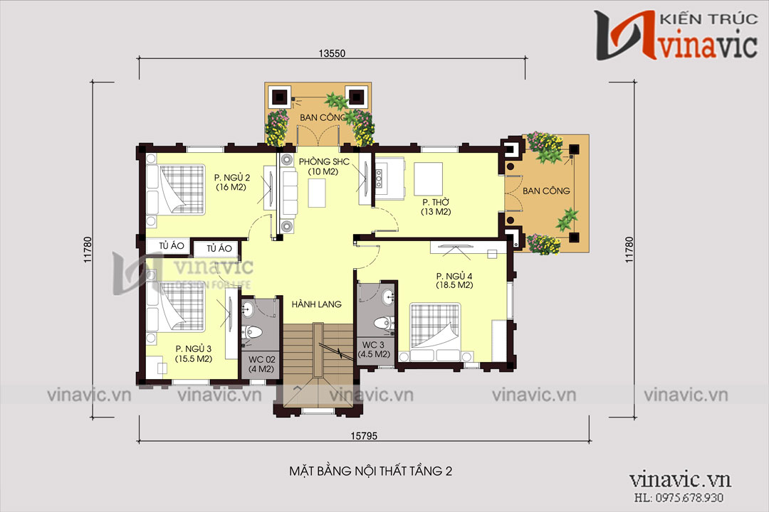 Mặt bằng tầng 2 Mẫu thiết kế nhà 2 tầng 1 tum
