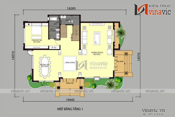 Mặt bằng tầng 1 của thiết kế nhà 2 tầng 3 phòng ngủ