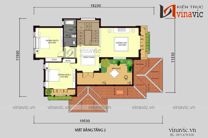 Mặt bằng tầng 2 của thiết kế nhà 2 tầng 3 phòng ngủ